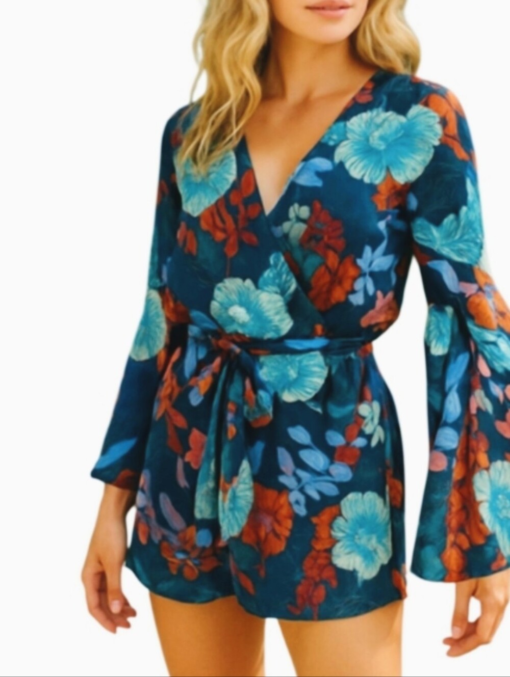 Floral Bell Sleeve Romper Tropical Romper  As U Wish XS